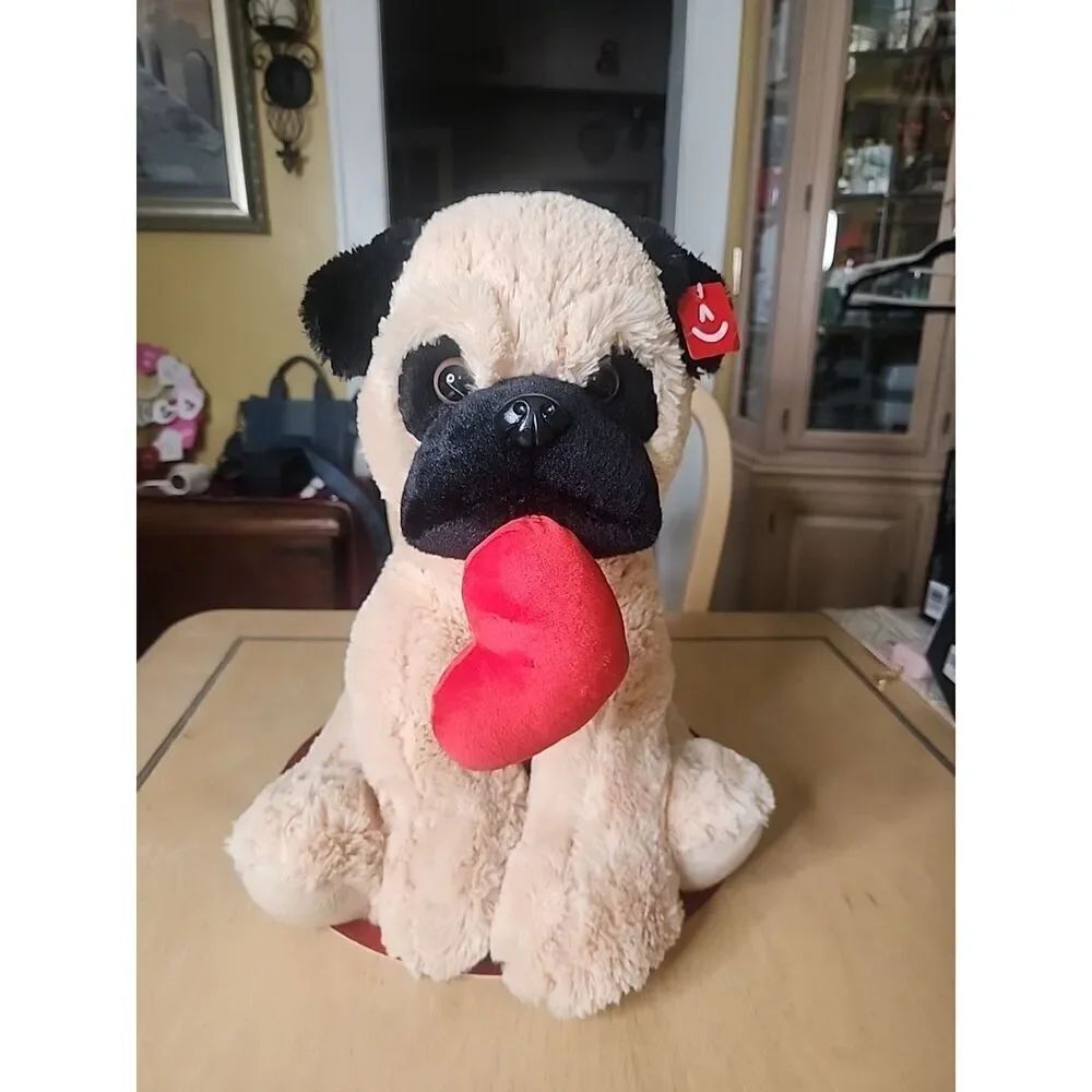 Aurora Pug Dog 18 Inch Plush Stuffed Animal With Red Heart Love Valentines